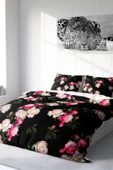 Lastikli Çarşaflı %100 Pamuk Saten Çift Kişilik Nevresim Takımı Black Flower