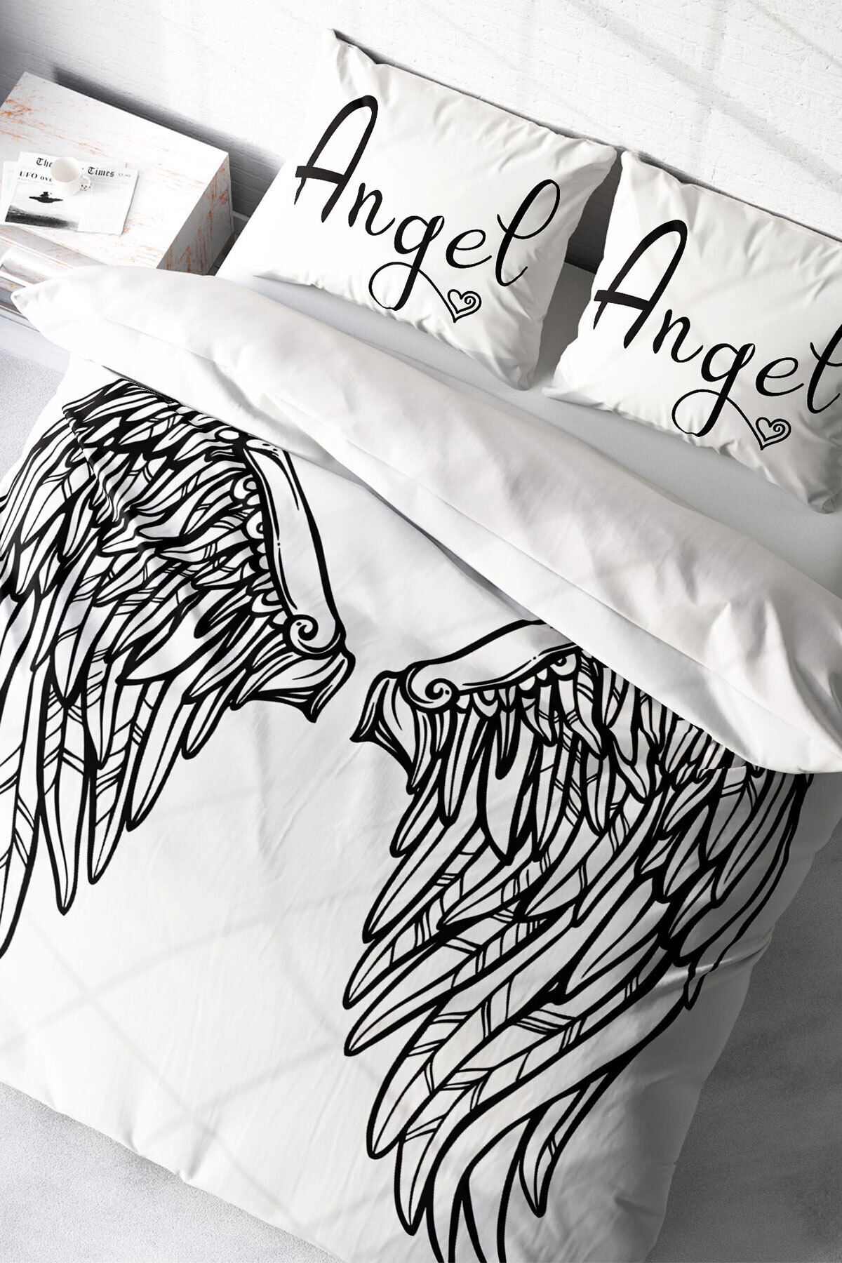 Lastikli Çarşaflı %100 Pamuk Saten Çift Kişilik Nevresim Takımı Angel Wing