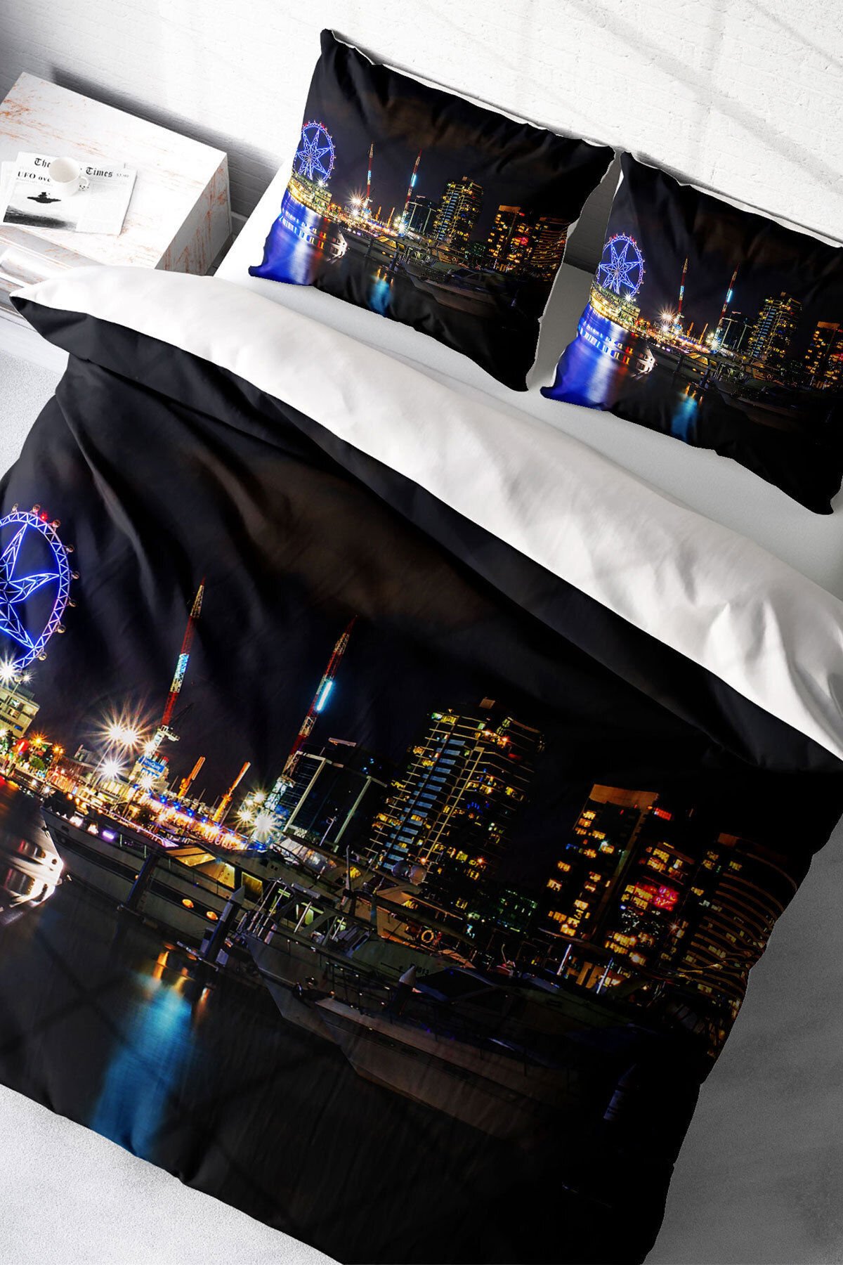 Lastikli Çarşaflı %100 Pamuk Saten Çift Kişilik Nevresim Takımı Harbor Night