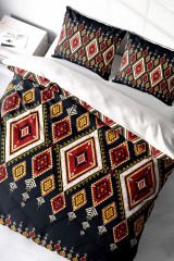 Lastikli Çarşaflı %100 Pamuk Saten Çift Kişilik Nevresim Takımı Ethnic Geometric