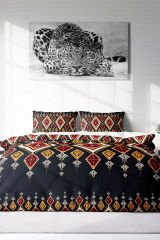 Lastikli Çarşaflı %100 Pamuk Saten Çift Kişilik Nevresim Takımı Ethnic Geometric
