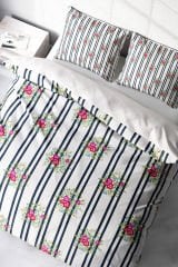 Lastikli Çarşaflı %100 Pamuk Saten Çift Kişilik Nevresim Takımı Ribbon Flowers
