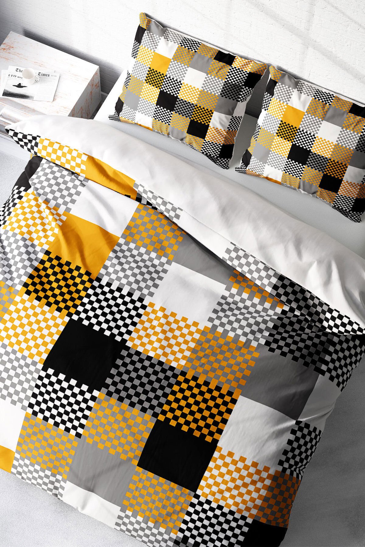 Lastikli Çarşaflı %100 Pamuk Saten Çift Kişilik Nevresim Takımı Checkers Gray