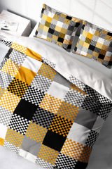 Lastikli Çarşaflı %100 Pamuk Saten Çift Kişilik Nevresim Takımı Checkers Gray