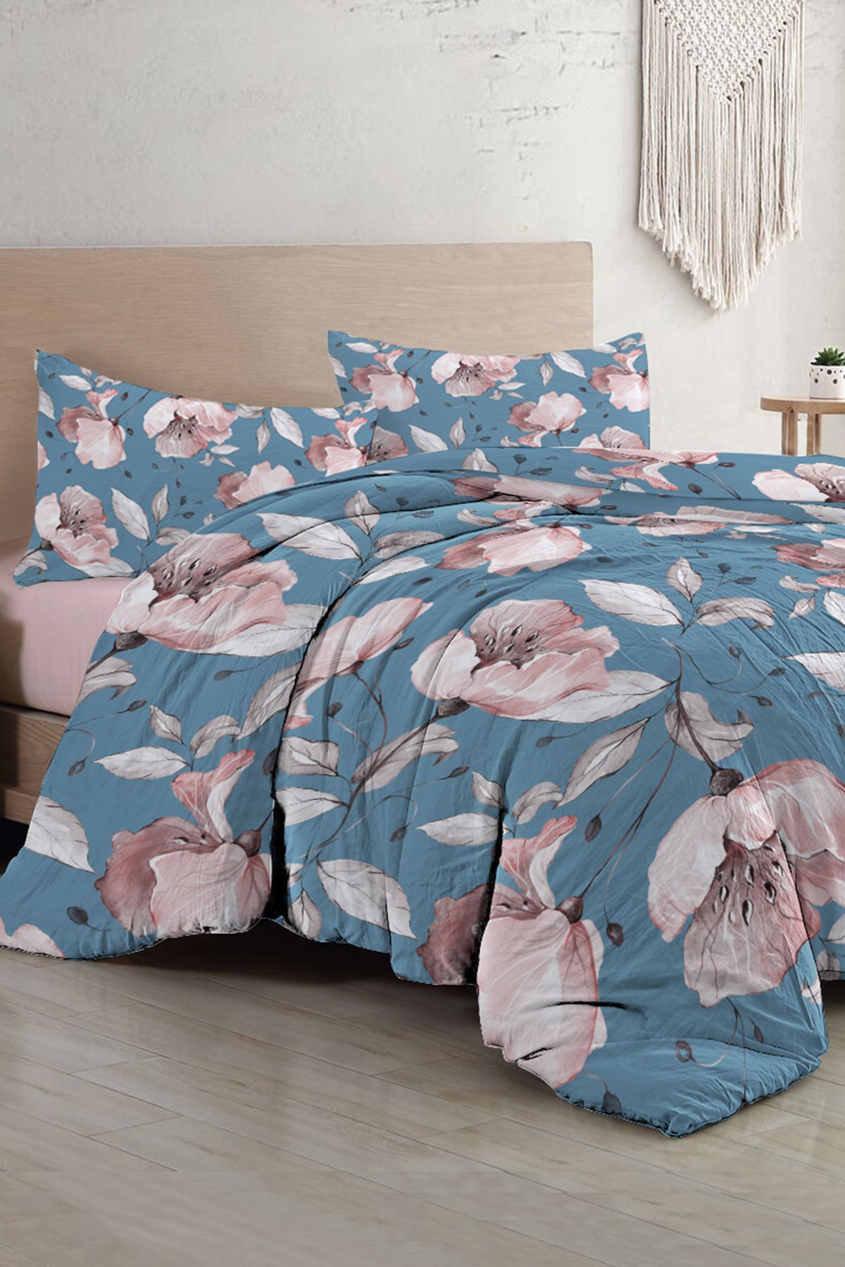 Lastikli Çarşaflı %100 Pamuk Saten Çift Kişilik Nevresim Takımı Blue Rose
