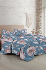Lastikli Çarşaflı %100 Pamuk Saten Çift Kişilik Nevresim Takımı Blue Rose