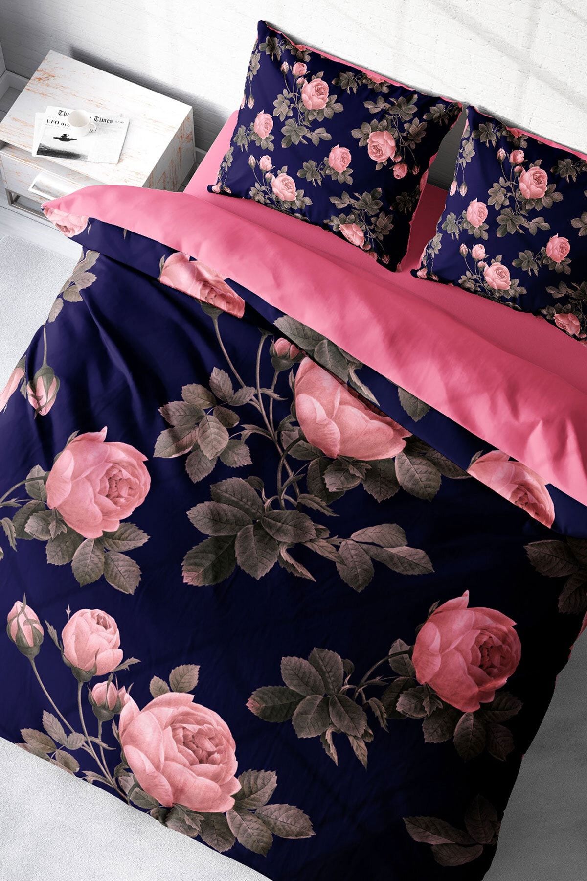 Pembe Noble Roses Naturel Çift Kişilik Nevresim Takımı