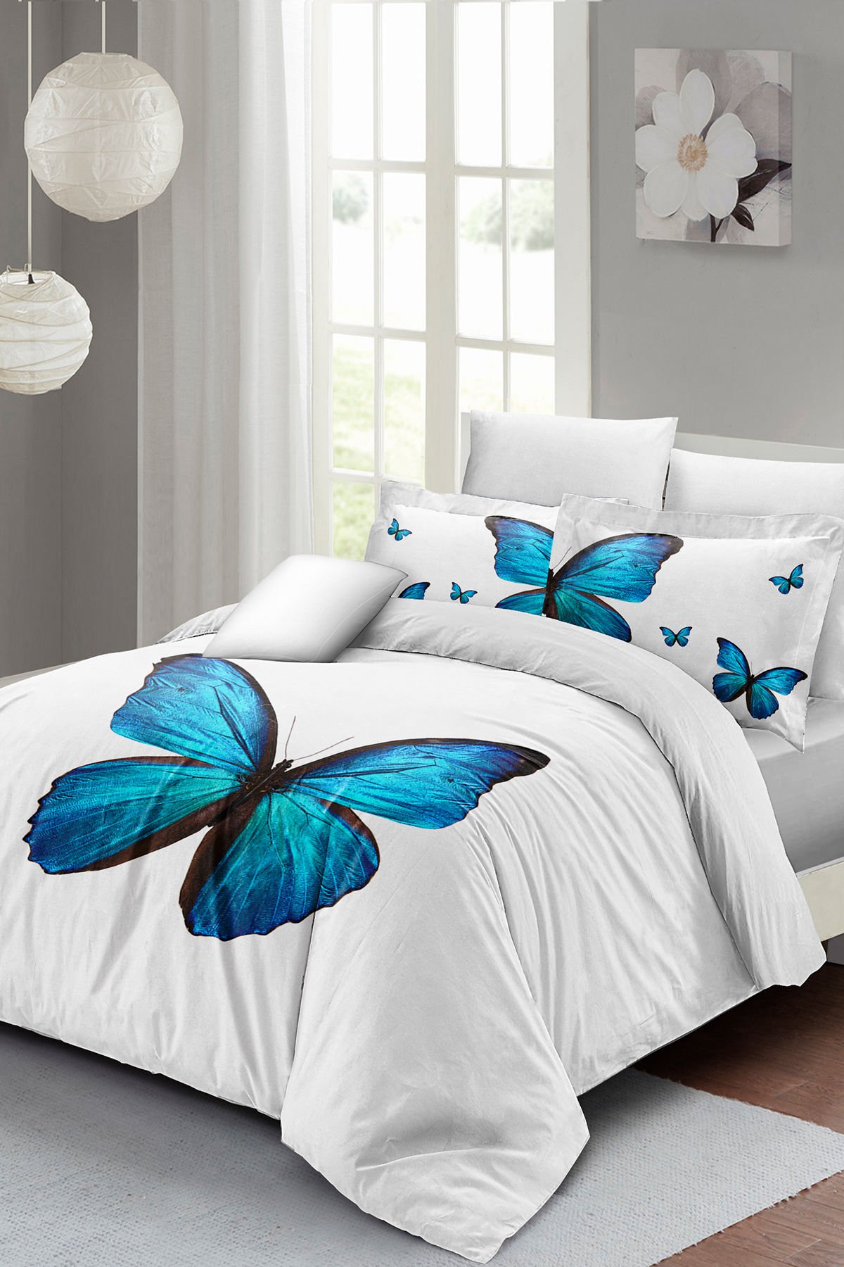 Lastikli Çarşaflı %100 Pamuk Saten Çift Kişilik Nevresim Takımı Blue Butterfly