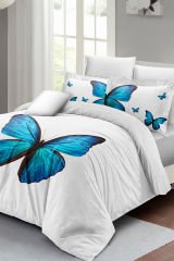 Lastikli Çarşaflı %100 Pamuk Saten Çift Kişilik Nevresim Takımı Blue Butterfly