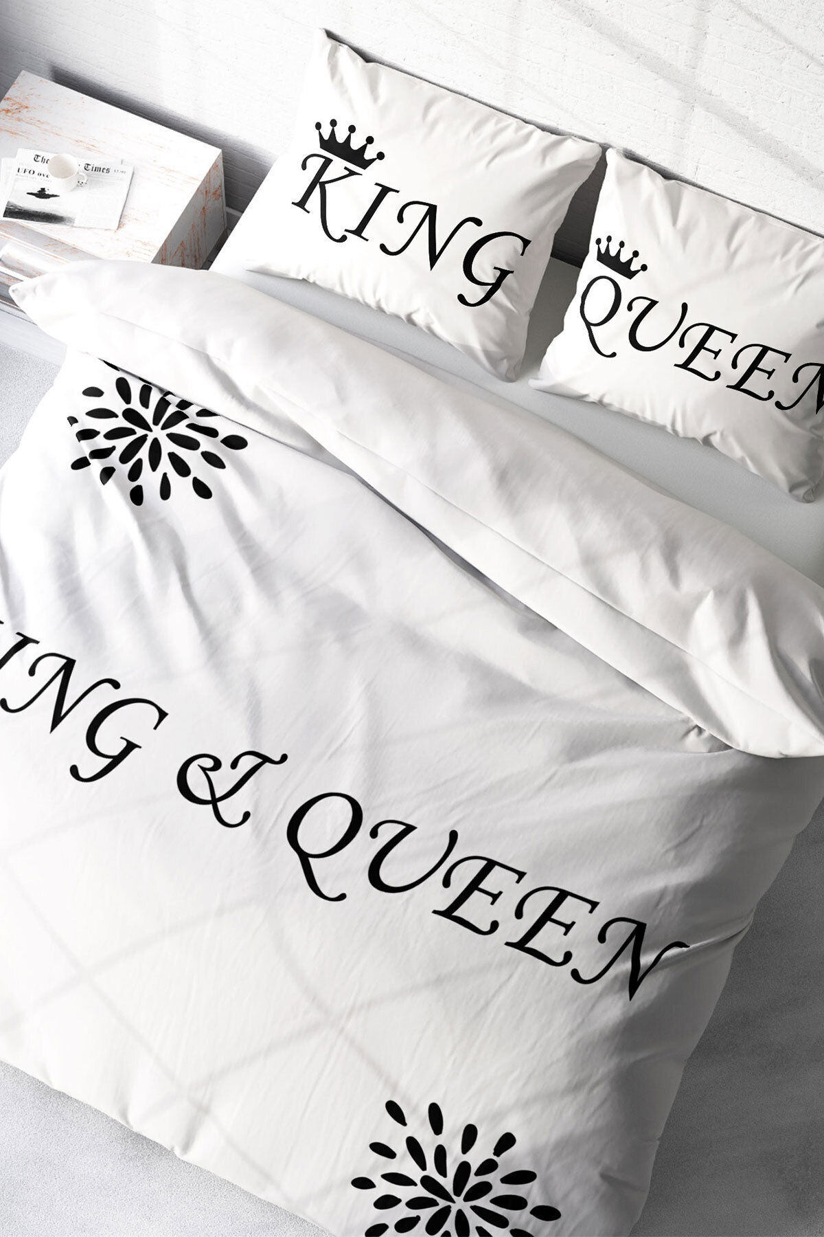 Lastikli Çarşaflı %100 Pamuk Saten Çift Kişilik Nevresim Takımı White King-Queen