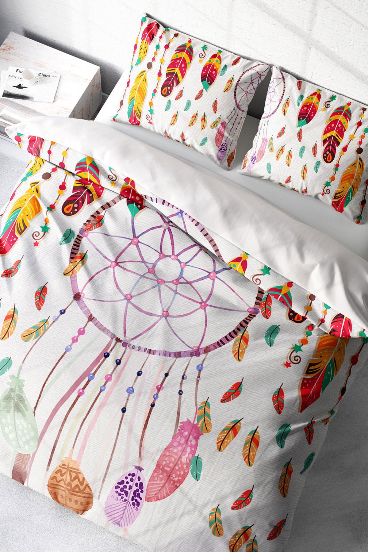 Lastikli Çarşaflı %100 Pamuk Saten Çift Kişilik Nevresim Takımı Dream Catchers