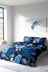 Lastikli Çarşaflı %100 Pamuk Saten Çift Kişilik Nevresim Takımı Blue Flower