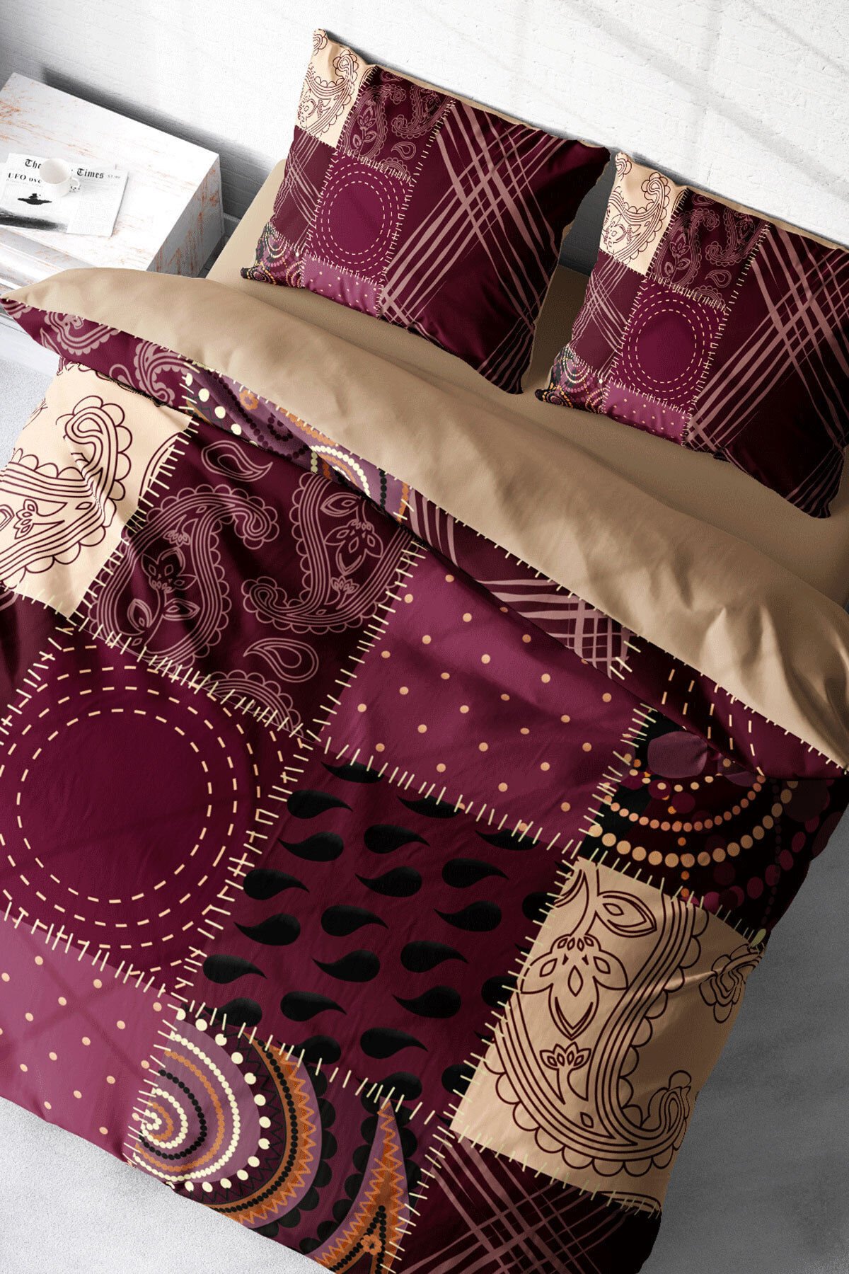 Lastikli Çarşaflı %100 Pamuk Saten Çift Kişilik Nevresim Takımı Patchwork