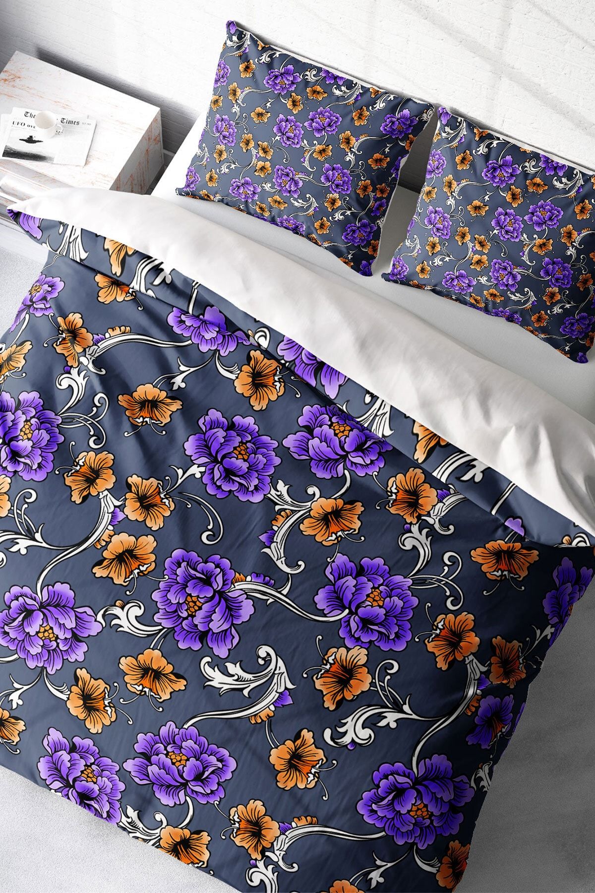 Purple Floral Naturel Çift Kişilik Nevresim Takımı