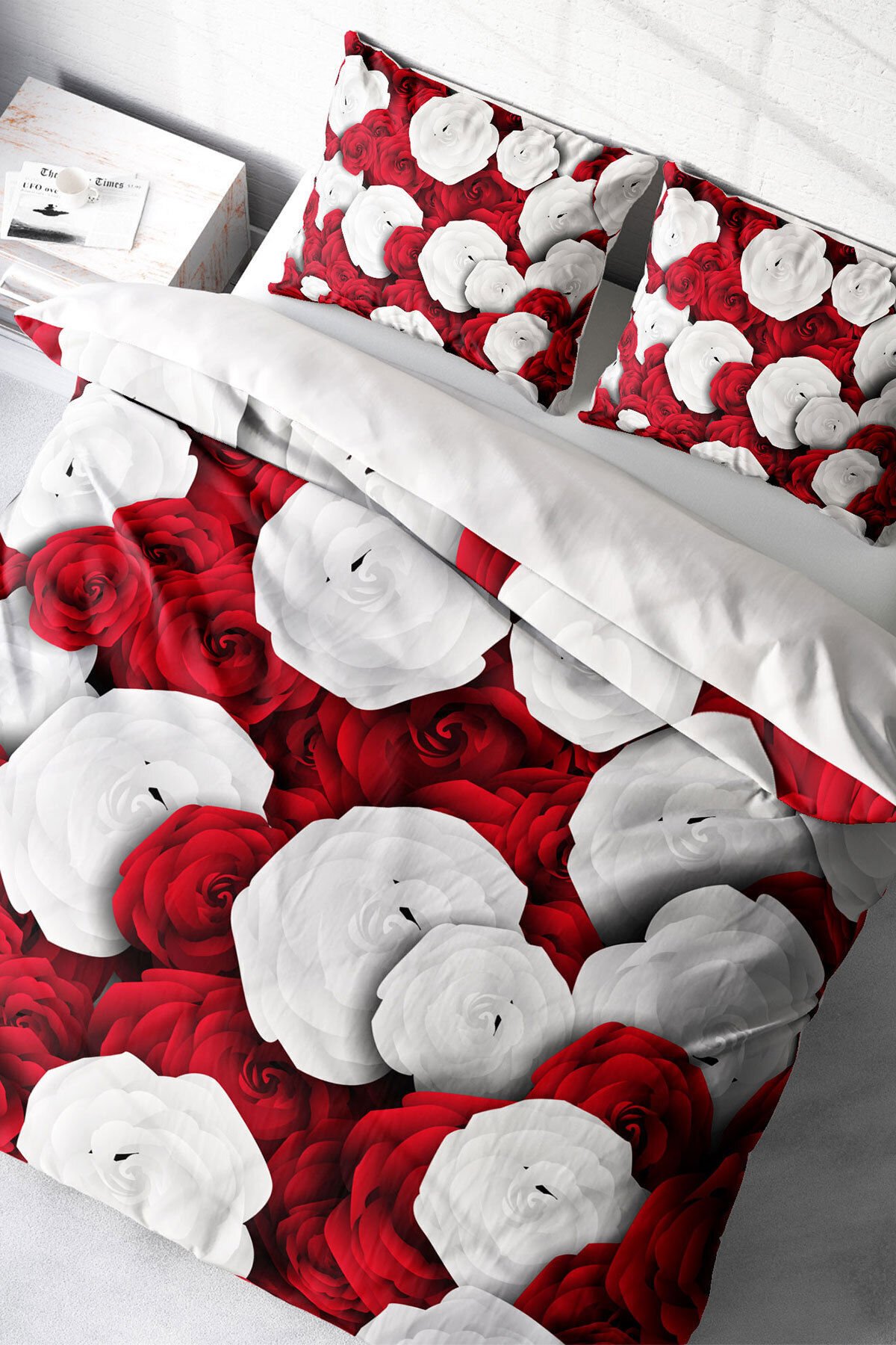 Lastikli Çarşaflı %100 Pamuk Saten Çift Kişilik Nevresim Takımı White & Red