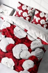 Lastikli Çarşaflı %100 Pamuk Saten Çift Kişilik Nevresim Takımı White & Red