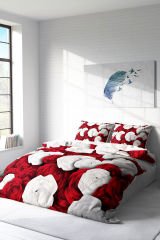 Lastikli Çarşaflı %100 Pamuk Saten Çift Kişilik Nevresim Takımı White & Red