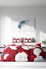 Lastikli Çarşaflı %100 Pamuk Saten Çift Kişilik Nevresim Takımı White & Red