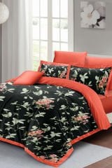 Lastikli Çarşaflı %100 Pamuk Saten Çift Kişilik Nevresim Takımı Black Somon Flower