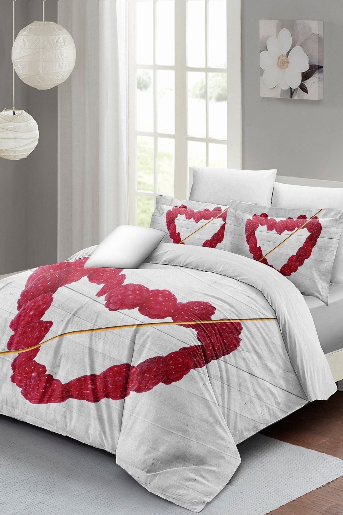Çift Kişilik Nevresim Seti Sık Dokuma Pamuk Saten 3d Özel Tasarım Raspberry Heart (çarşafsızdır)