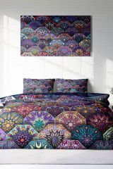 Lastikli Çarşaflı %100 Pamuk Saten Çift Kişilik Nevresim Takımı Ethnic Purple