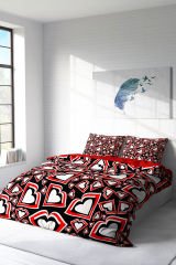 Lastikli Çarşaflı %100 Pamuk Saten Çift Kişilik Nevresim Takımı Heart Lips