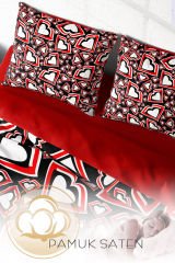 Lastikli Çarşaflı %100 Pamuk Saten Çift Kişilik Nevresim Takımı Heart Lips