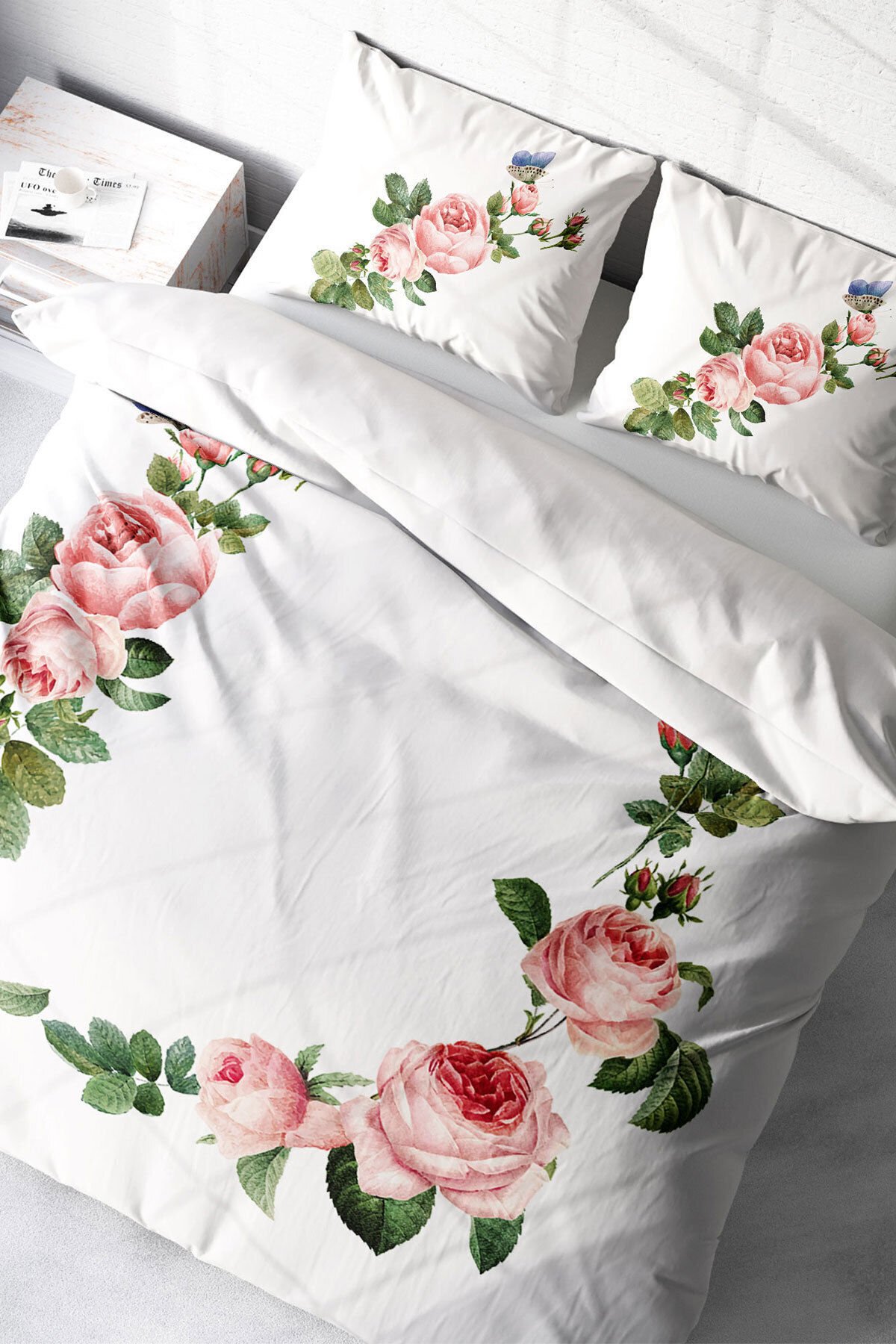 Lastikli Çarşaflı %100 Pamuk Saten Çift Kişilik Nevresim Takımı Flower-White
