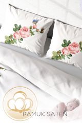 Lastikli Çarşaflı %100 Pamuk Saten Çift Kişilik Nevresim Takımı Flower-White