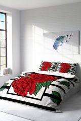 Lastikli Çarşaflı %100 Pamuk Saten Çift Kişilik Nevresim Takımı Rose Box