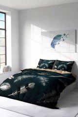 Lastikli Çarşaflı %100 Pamuk Saten Çift Kişilik Nevresim Takımı Black Feather