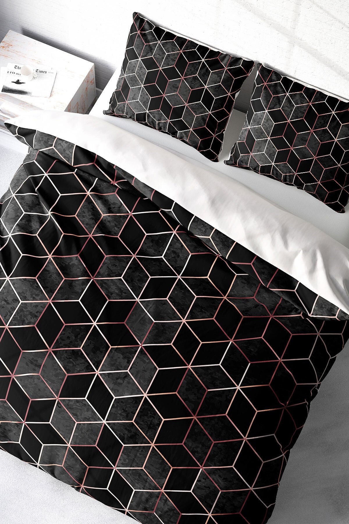 Lastikli Çarşaflı %100 Pamuk Saten Çift Kişilik Nevresim Takımı Gold Cube