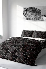 Lastikli Çarşaflı %100 Pamuk Saten Çift Kişilik Nevresim Takımı Gold Cube