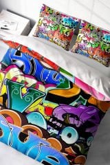 Lastikli Çarşaflı %100 Pamuk Saten Çift Kişilik Nevresim Takımı Graffiti