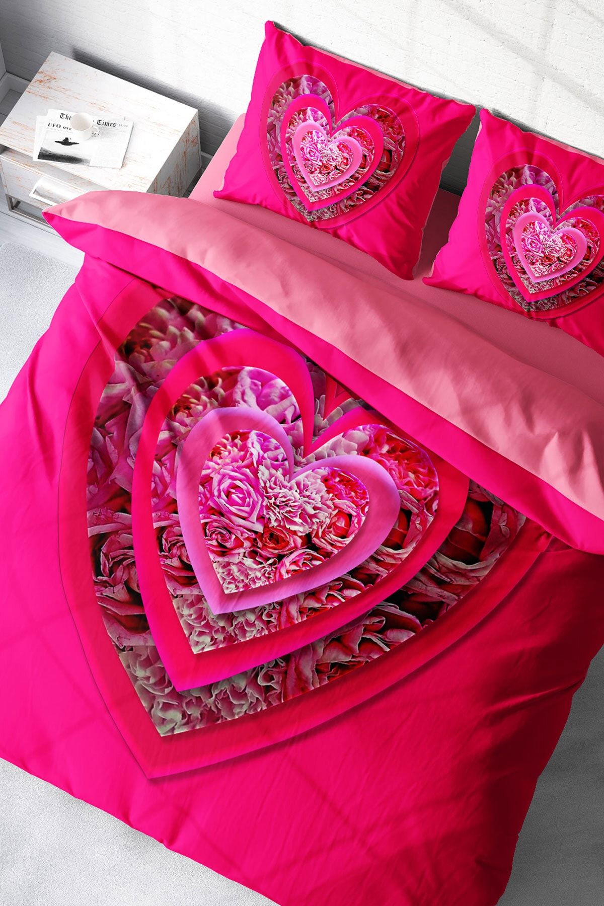 Çift Kişilik Nevresim Seti Sık Dokuma Pamuk Saten 3d Özel Tasarım Pink Valentine (çarşafsızdır)
