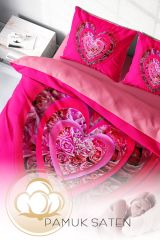 Çift Kişilik Nevresim Seti Sık Dokuma Pamuk Saten 3d Özel Tasarım Pink Valentine (çarşafsızdır)
