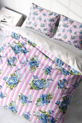 Lastikli Çarşaflı %100 Pamuk Saten Çift Kişilik Nevresim Takımı Blue Scattered Rose