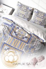 Çift Kişilik Nevresim Seti Sık Dokuma Pamuk Saten 3d Özel Tasarım Blue Patchwork (çarşafsızdır)