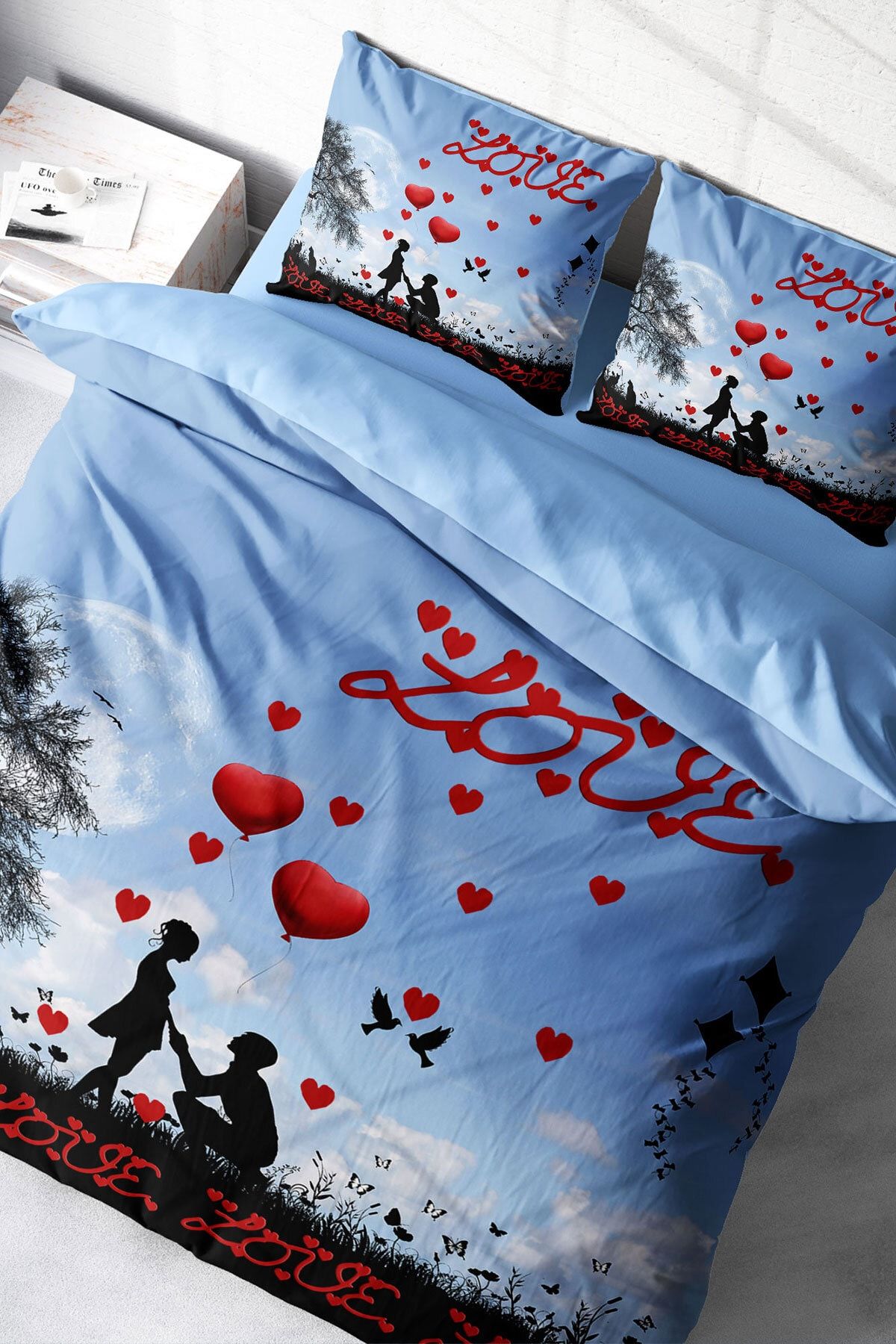 Çift Kişilik Nevresim Seti Sık Dokuma Pamuk Saten 3d Özel Tasarım Love Balloon (çarşafsızdır)