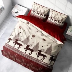 Yılbaşı Nevresim Takımı Çift Kişilik %100 Pamuk Saten Red Deers