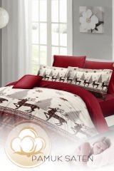 Yılbaşı Nevresim Takımı Çift Kişilik %100 Pamuk Saten Red Deers