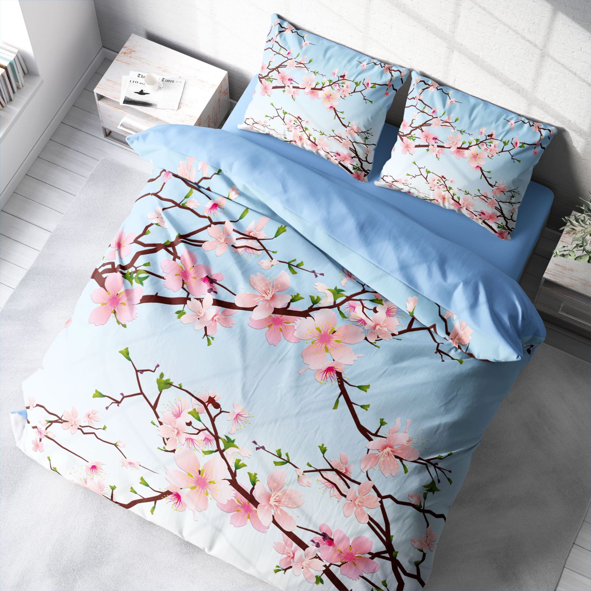 Monohome Cherry Blosom Blue 3D Pamuk Saten Çift Kişilik Nevresim Takımı