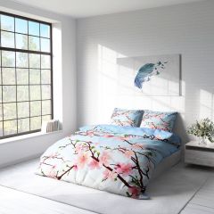 Monohome Cherry Blosom Blue 3D Pamuk Saten Çift Kişilik Nevresim Takımı