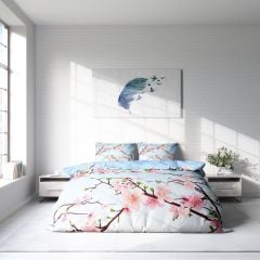 Monohome Cherry Blosom Blue 3D Pamuk Saten Çift Kişilik Nevresim Takımı