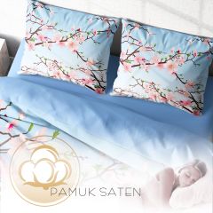 Monohome Cherry Blosom Blue 3D Pamuk Saten Çift Kişilik Nevresim Takımı