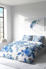 Lastikli Çarşaflı %100 Pamuk Saten Çift Kişilik Nevresim Takımı Blue Rose Freshness