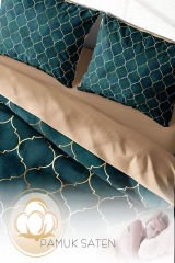 Lastikli Çarşaflı %100 Pamuk Saten Çift Kişilik Nevresim Takımı Gold Line Moraccan