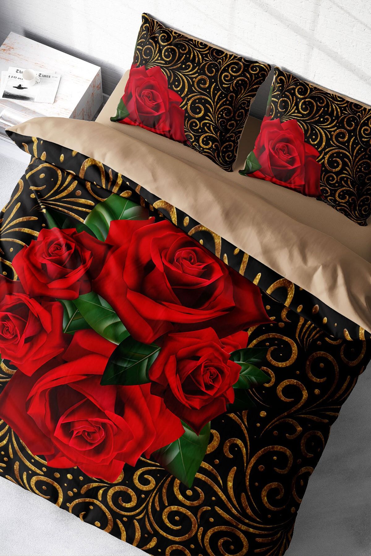 Çift Kişilik Nevresim Seti Sık Dokuma Pamuk Saten 3d Özel Tasarım Gold & Roses (çarşafsızdır)