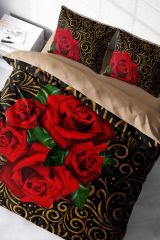 Çift Kişilik Nevresim Seti Sık Dokuma Pamuk Saten 3d Özel Tasarım Gold & Roses (çarşafsızdır)