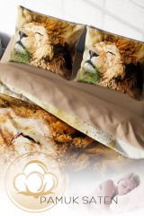 Lastikli Çarşaflı %100 Pamuk Saten Çift Kişilik Nevresim Takımı Lion
